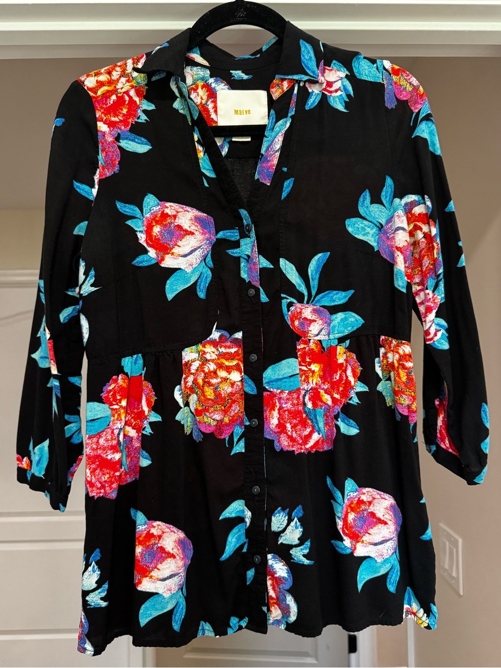 Anthropologie Maeve Black Floral Button-Front Long Sleeve Dress